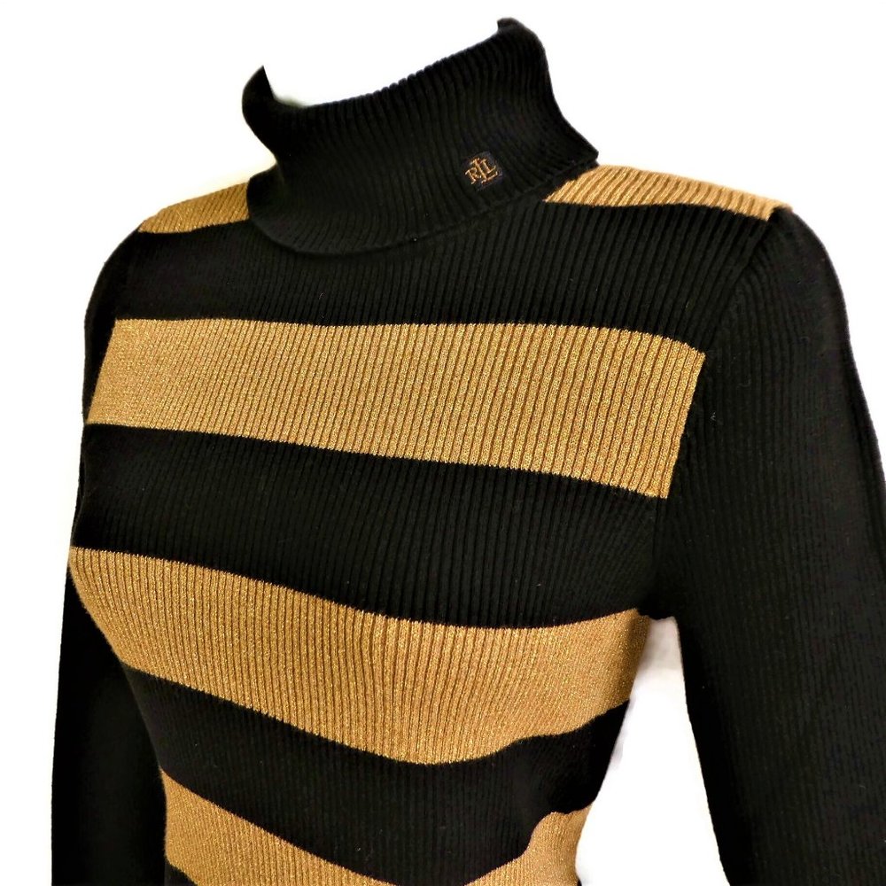 LRL Black Turtleneck Color Block Gold Lurex Metallic Fitted High Quality S